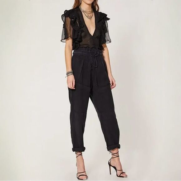 IRO Paris Lonila Ruffled Glitter-Embellished Georgette Blouse Medium Sz 36 Black - Picture 2 of 16